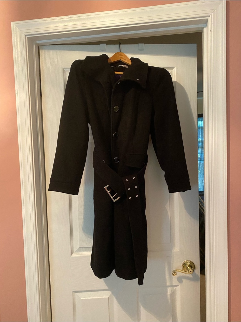 Kenneth Cole Classic Black Long Wool Belted Coat